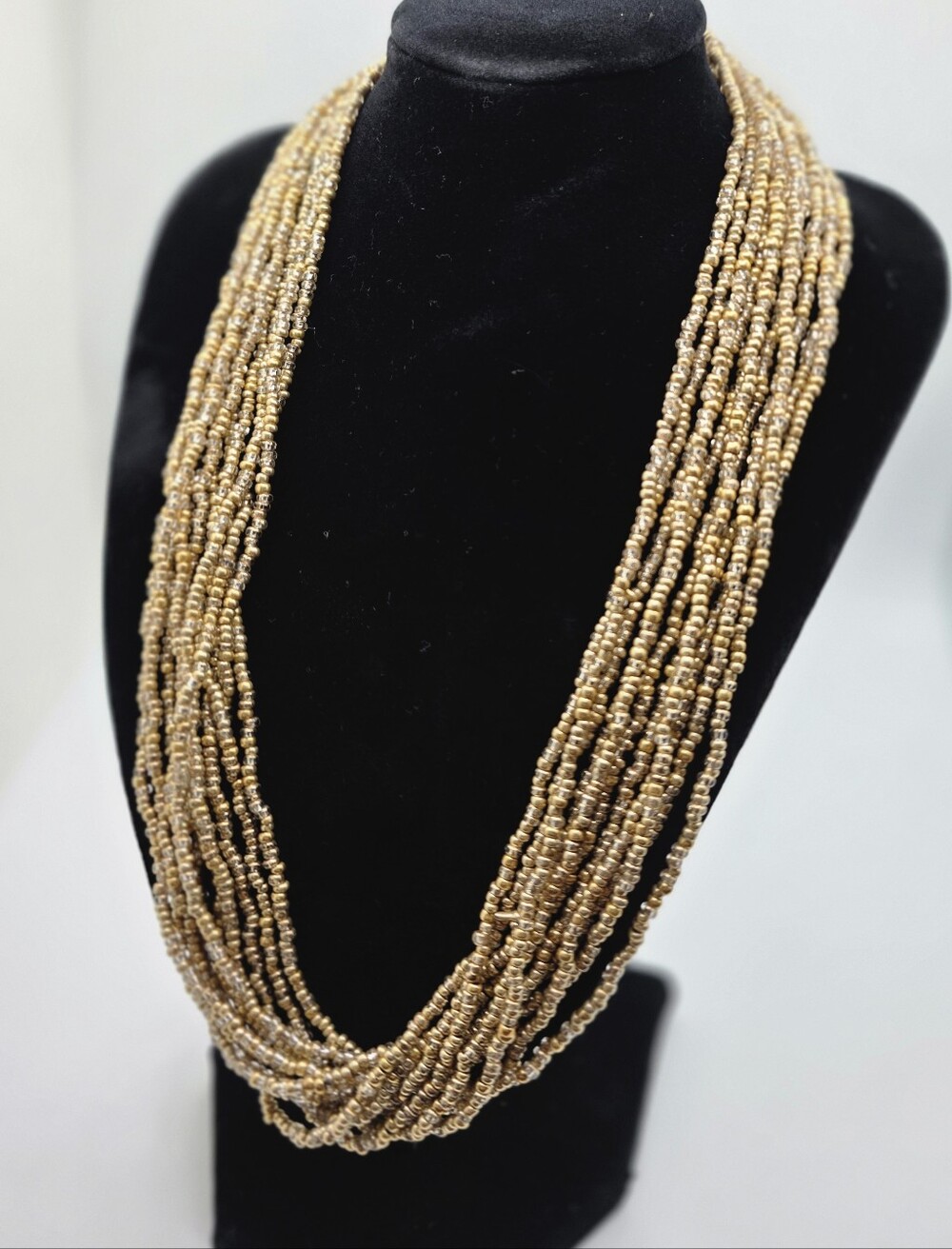 Vintage Gold Silver Seed Bead Multi Strand Statement Necklace 18" Boho Glam